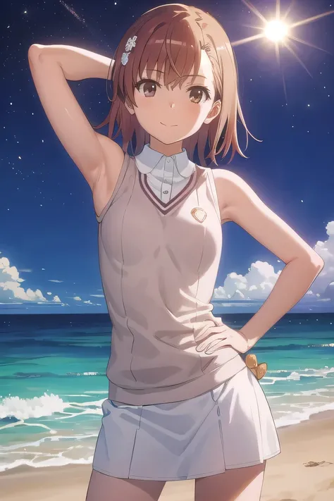 (((pixel-perfect, detail-perfect))), solo, 1girl, misaka mikoto, tokiwadai , bow, looking at viewer, closed mouth, looking at viewer, smile, showing armpit, looking at viewer, solo, contrapposto, spread armpit, arm behind head, hand on hip, smile, looking ...