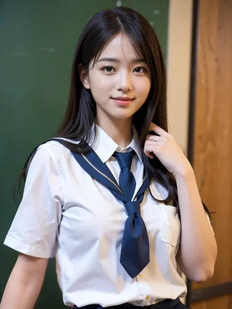 (school uniform:1.5), (Photorealistic:1.4), (Best quality:1.0), (Ultra-high resolution:1.0), 8K, RAW photo, (Masterpiece:0.2), Ultra-detailed, Close short, 1girll, Beautiful skin, Detailed skin, view the viewer, full bodyesbian, (Long hair:1), Smile, (Clos...