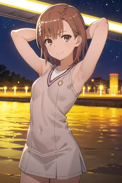 (((pixel-perfect, detail-perfect))), solo, 1girl, misaka mikoto, tokiwadai , bow, looking at viewer, closed mouth, looking at viewer, smile, showing armpit, looking at viewer, solo, contrapposto, spread armpit, arms behind head, seductive smile, looking at...