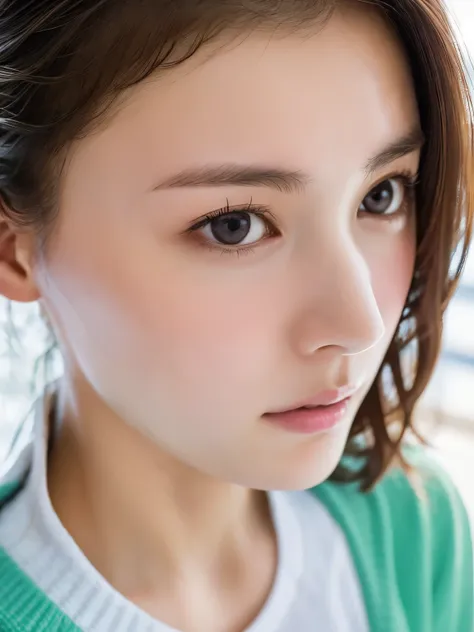 masterpiece, best quality, high resolution, absurd, face lighting, beautiful eyes, Shiny hair, White room, Perfect face, shiny skin, Depth of Field, (Browse:1.0), A girl, 15 years old, look away, ((Change of clothes, Half naked)), Miss, puberty, locker roo...