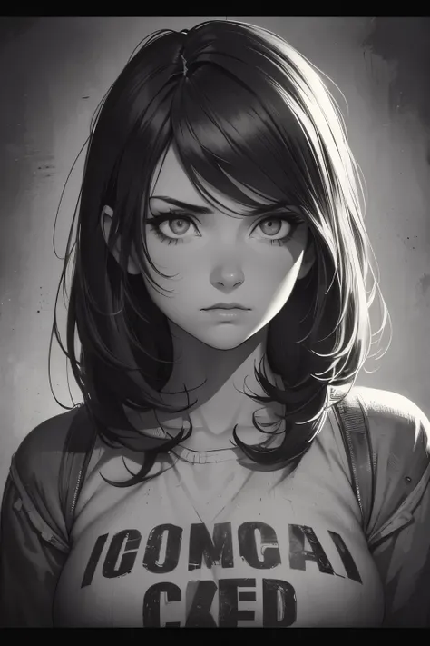 A girl in a mugshot, sketch, black and white, detailed features, cute, vintage style, high contrast lighting, expressive eyes, tousled hair. (best quality, highres, realistic:1.37), vintage, monochrome, intense gaze, dramatic lighting, rugged background, d...