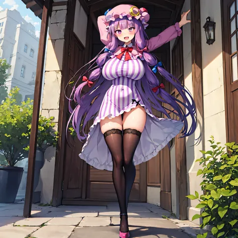 (solo), (Patchouli toho character:1.2), (standing at lakeside forest alone), outside, (standing with open legs wide:1.5), (arms behind back), swaying back, stretch legs, tiptoe, BREAK, (disproportionately gigantic huge breasts:1.2), inconceivably narrow wa...