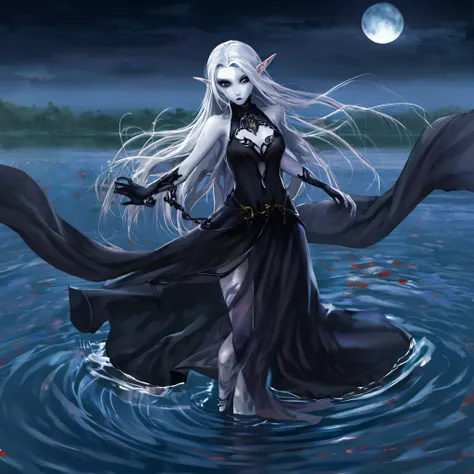 a death elf (female, wispy long hair, pitch black eyes, porcelain white skin, lots of dark veins, sheer dark dress billowing in ...