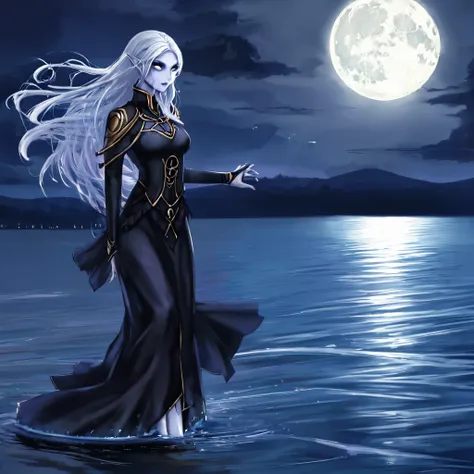 a death elf (female, wispy long hair, pitch black eyes, porcelain white skin, lots of dark veins, sheer dark dress billowing in ...