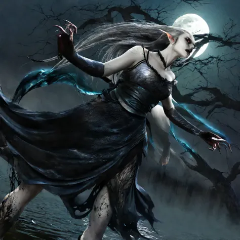 a death elf, female, wispy long hair, pitch black eyes, porcelain white skin, lots of dark veins, sheer dark dress billowing in an evil wind, her feet hover over a lake, zombies slowly emerge from the lake to serve her, moonlit night, fantasy, dark fantasy...