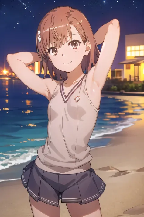 (((pixel-perfect, detail-perfect))), solo, 1girl, misaka mikoto, tokiwadai , bow, looking at viewer, closed mouth, looking at viewer, smile, showing armpit, looking at viewer, solo, contrapposto, spread armpit, arms behind head, smile, looking at viewer, (...