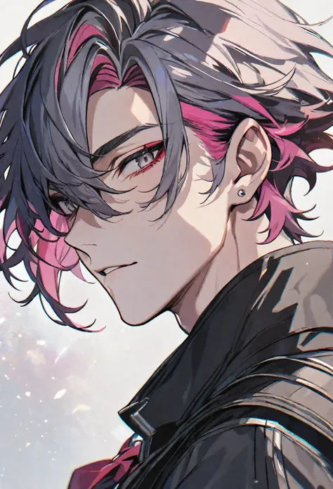 solo, handsome, 1 male, short hair, pink and black color hair, gray eyes