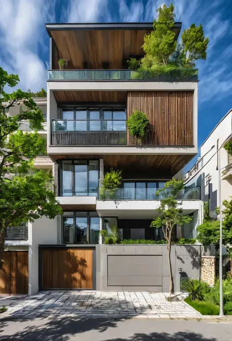 Photographie RAW prise avec le Nikon D7500 + Appareil photo AF-S DX NIKKOR, objectif 18 mm, ultra-large, Air Angle, 8k, superior quality, hdr, Extreme realismment élevé, Extreme realism, maison moderne arafée avec un grand balcon et une allée en brique, Ma...
