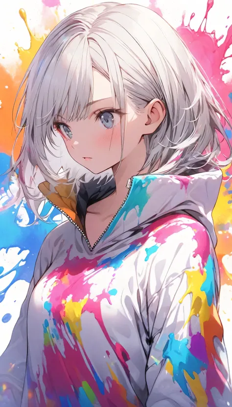  girl, slender body, ((boyish hair, very short silver hair )), knitted onepiece dress long sleeves, standing, upper body shot, colorful paint splash:1.5