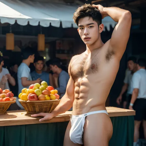 Fruit display In the background, market, market display In the background, vegetable display In the background, very hairy armpits, hairy pubic, hairy crotch, hairy body, In the charming picture there is a handsome Chinese 17 years old boy with his big bul...