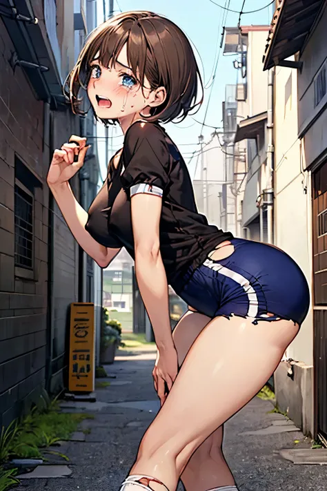 nsfw:1.5,(((Perfect Anatomy, Anatomically correct, Very detailedな肌))), 1 girl, Japanese,  Shiny skin, Observe the audience, ((Back view, From below)), Beautiful Hair, Beautiful Face, Beautiful details, (short hair:1.1, Bobcut:1.2), Dark blonde hair:1, blue...