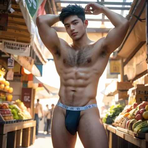 Fruit display In the background, market, market display In the background, vegetable display In the background, very hairy armpits, hairy pubic, hairy crotch, hairy body, In the charming picture there is a handsome Chinese 17 years old boy with his big bul...