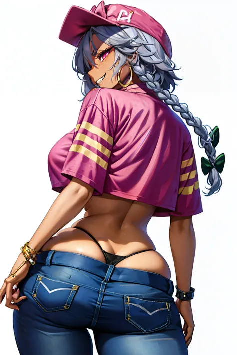 masterpiece,4K,best quality,absurdres, looking back, back, edg90hh, a dark-skinned girl in a crop top and a baseball hat , jeans, large breasts, ass, wearing edg90hh_clothing, izayoi_sakuya_touhou, double braid, grey hair, pink highlights, cornrows, hoop e...