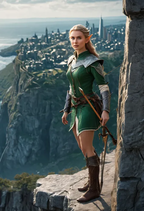 best quality, 8k, highres, masterpiece, ultra-detailed, realistic, Elf woman in plate mail, bowmen, standing on a ledge of a cliff overlooking the city, perfect face, perfect body, wind blowing through, tension,