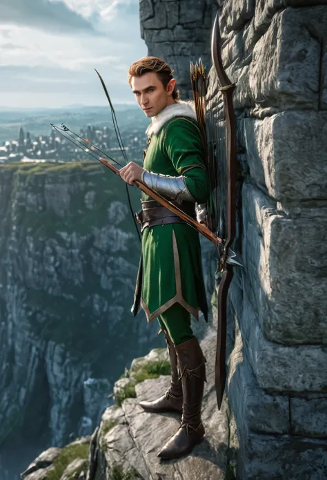 best quality, 8k, highres, masterpiece, ultra-detailed, realistic, Elf in plate mail, bowmen, standing on a ledge of a cliff overlooking the city, perfect faces, perfect bodies, wind blowing through, tension,