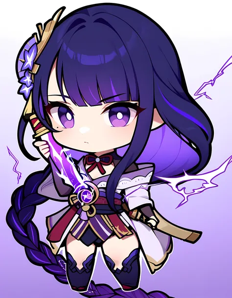 masterpiece,great,best,1girl,chibi,raiden shogun,holding sword,heart,star (symbol),gradient background,purple background,electricity,white background,