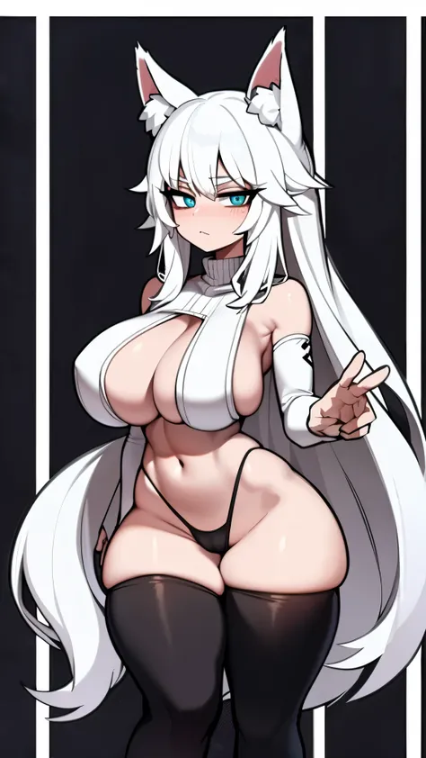 Single girl, Anime Short, Long white hair, wolf ears, wolf tail, blue eyes, wearing cute pink thong, thigh high socks, black combat boots, huge chest, super flat chest, solo only one ((huge CHEST)), wide hips, thicc thighs, happy, crotch bulge (CROTCH BULG...