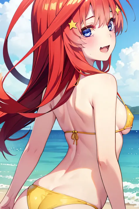 1girl , (itsuki nakano, Itsuki Nakano), bangs, blue eyes, Red Hair,Star hair ornament、happy smile, smile, Open your mouth,((nsfw,yellow ultra micro bikini)),Real Summer,Daytime,sunny,My hair is blowing in the wind,whole bodyがイラストに入るように,Slender body,
break ...