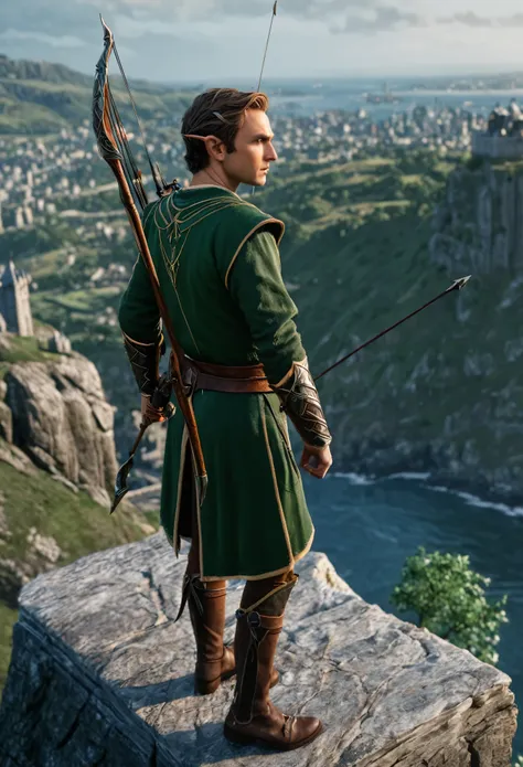 best quality, 8k, highres, masterpiece, ultra-detailed, realistic, Elf in plate mail, bowmen, standing on a ledge of a cliff overlooking the city, perfect face, perfect body, wind blowing through, tension,