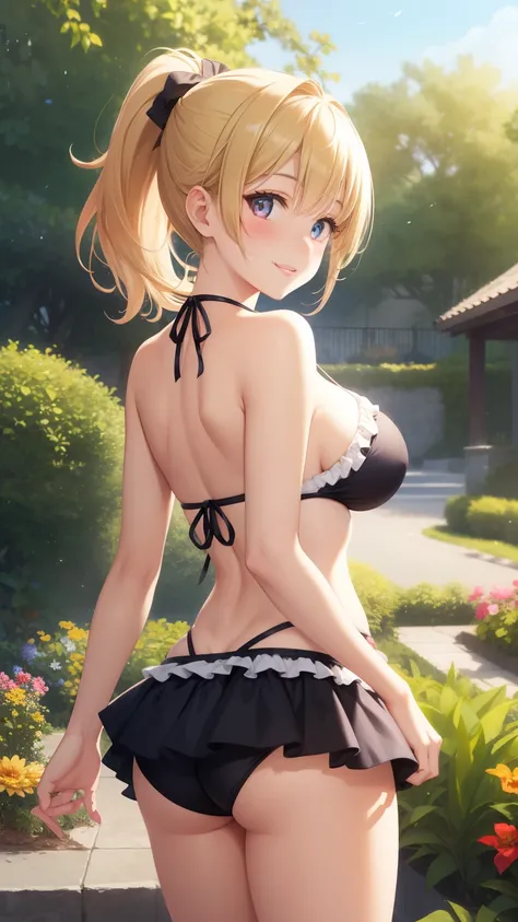 1girl, natural lighting, masterpiece, highly detailed, illustration, game CG, absurdres, high quality, aichan, large breasts, beautiful detailed eyes, medium blonde hair, ponytail, bangs, glossy lips, blush, garden, frilly bikini, short microskirt, light s...