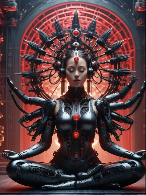 (vision:1.3), (full body shot:1.5), 1 red cyberpunk mechanical girl, many hands, meditating, sit cross-legged, do meditation pos...