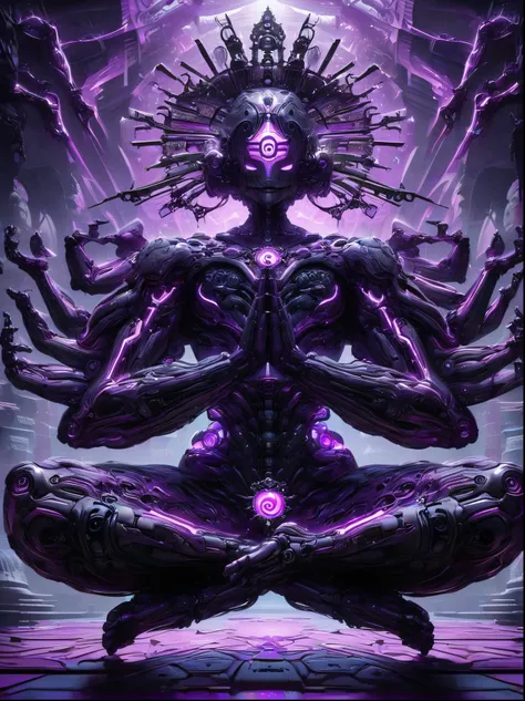 (vision:1.3), (full body shot:1.5), a purple cyberpunk robot monk with folded hands, multiple hands, meditating, sitting in lotu...