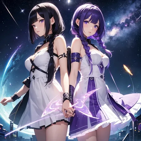 Draw two girls、(The heroine is a girl with purple-white gradient twin-braided long hair.:1.4)、(Her partner is a girl with a black bob cut:1.4)、(The heroine is in a transparent capsule、Natural standing posture)、(Numerous digital wires connect the capsule to...