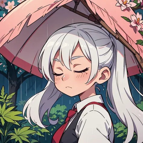 blooming cherry bloosom trees in back,  rainy summer vibe, mist, vibrant colors, grey/white hair, eyes closed enjoying the sounds of the trees, umbrella, cannabis plant, high definition