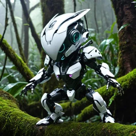 create a hyper-realistic ( RAW,analog), highly detailed distinctive mecha designs chibi kawai cyborg blends organic and mechanical elements seamlessly, with translucid painted with black accent color translucid glowing helmet, orchid mantis psychotic skinn...