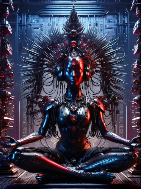 (vision:1.3), (full body shot:1.5), 1 red cyberpunk mechanical girl, many hands, meditating, sit cross-legged, do meditation pos...