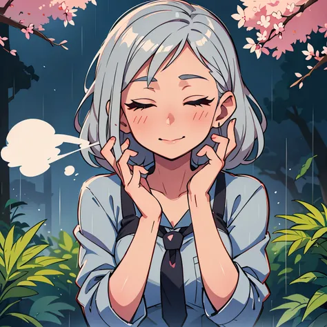 blooming grey haired girl  exhaling smoke, behind her blooming cherry bloosom trees,  rainy summer vibe, mist, vibrant colors, eyes closed enjoying the sounds of the trees, cannabis