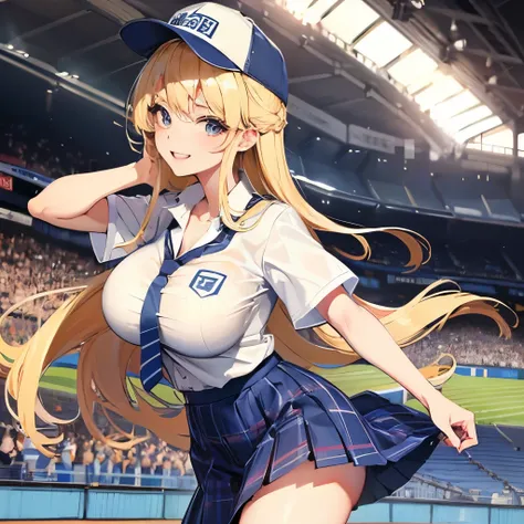 masterpiece, best quality, 8k, complete anatomy, Japanese female, blonde hair, (big breasts:1.4), high-school uniform, white short sleeve shirt, blue striped tie, navy plaid skirt, baseball cap, big smile, in the stadium