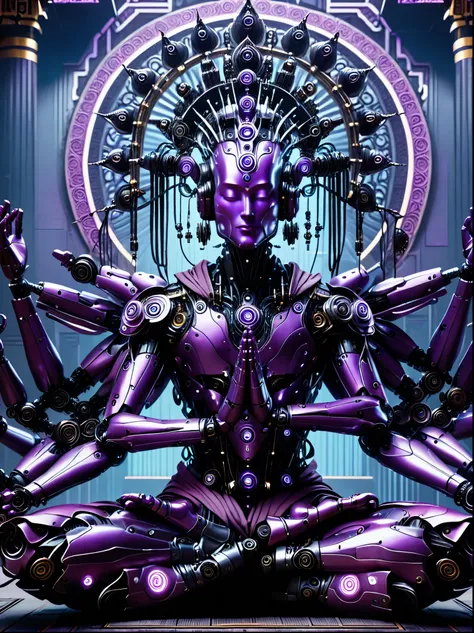 (Vision:1.3)，(Full body shot)，(Ultra wide angle)，A purple cyberpunk robot monk with folded hands, multiple hands, meditating, sitting in lotus position, doing meditation pose, wearing an ornate headdress made of black metal parts, precision mechanical body...