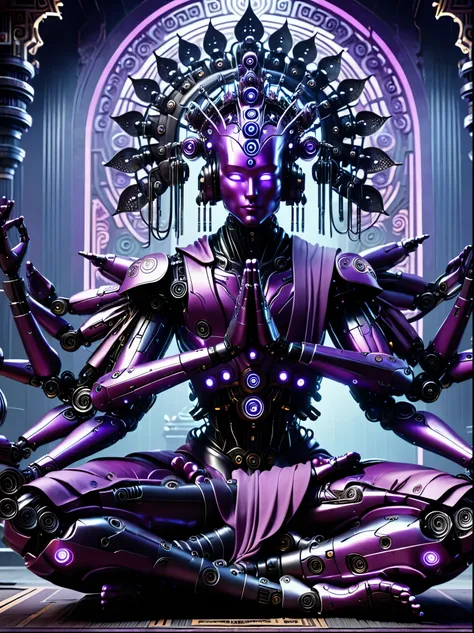 (Vision:1.3)，(Full body shot)，(Ultra wide angle)，A purple cyberpunk robot monk with folded hands, multiple hands, meditating, sitting in lotus position, doing meditation pose, wearing an ornate headdress made of black metal parts, precision mechanical body...