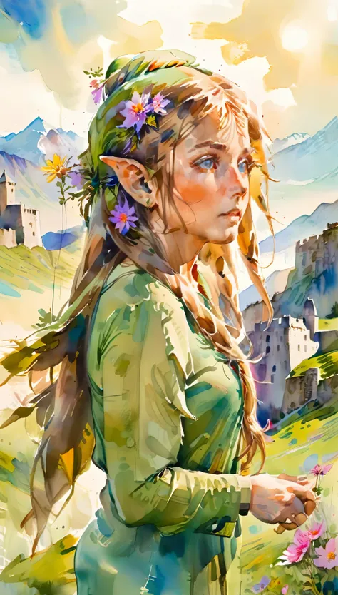 beautiful elf girl, solo, blown long hair, beautiful eyes, pointed ear, elf clothes, (wind effect:1.2), watercolor painting, art by Carne Griffiths, medieval castle background, clouds, mountains, sunlight penetrating through clouds, Cosmos flowers in the f...