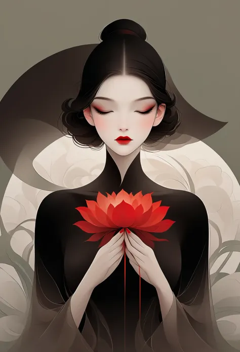 (masterpiece, best quality:1.2), 1 girl, alone,beautiful face，red lips，minimalist art nouveau，illustration style，black and red