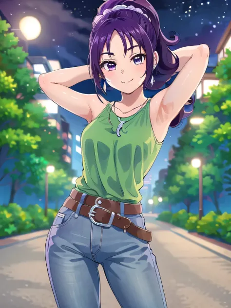 green shirt, earrings, necklace, white scrunchie, high ponytail, belt, jeans, brown sneakers, purple socks, mishoumai, 1girl, solo, looking at viewer, solo, night sky, forest, arms behind head, contrapposto, spread armpits, closed mouth, smile, (cowboy sho...