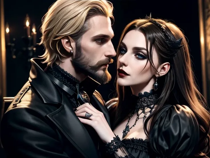 Extremely detailed faces, 8k, gothic handsome fit male vampire with blonde hair and a beard and mustache, brunette woman straddling him in intricate dress with detailed feathers, gothic romance, passionate kiss.