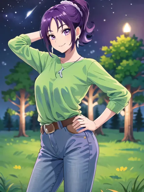 green shirt, earrings, necklace, white scrunchie, high ponytail, belt, jeans, brown sneakers, purple socks, mishoumai, 1girl, solo, looking at viewer, solo, night sky, forest, arm behind head, hand on hip, contrapposto, spread armpits, closed mouth, smile,...