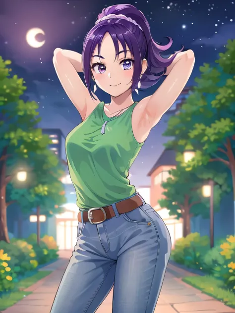 green shirt, earrings, necklace, white scrunchie, high ponytail, belt, jeans, brown sneakers, purple socks, mishoumai, 1girl, solo, looking at viewer, solo, night sky, forest, arms behind head, contrapposto, spread armpits, closed mouth, smile, (cowboy sho...