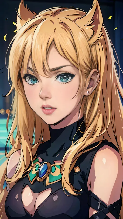 Blonde Hair、Green Eyes、Woman in anime realistic art style with pink Batman logo in black top 4K realistic digital art featuring portrait by RossDraws and Artgerm、Anime meets photorealism in 8K Artgerm Bokeh、Blonde Hair、Green Eyes、Highly detailed digital pa...