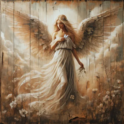 the angel is an weathered peeling image painted on an old peeling wooden sign, static, haze, cracks worn patches, weathered painted image of blonde haired angel, standing on a battle field holding a butterfly bringing life back into it weathered painting o...