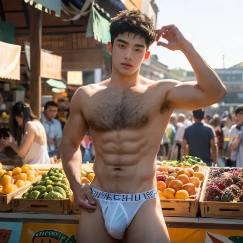 Fruit display In the background, market, market display In the background, vegetable display In the background, very hairy armpits, hairy pubic, hairy crotch, hairy body, In the charming picture there is a handsome Chinese 17 years old boy with his big bul...