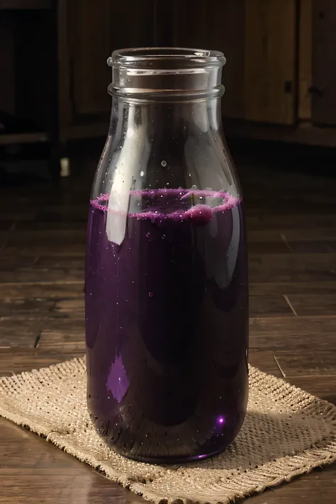 Grape colored juice , gas bubbles,  fresh , in bottles , 