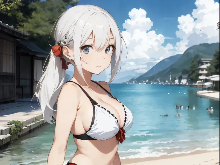 White-haired girl drawn in high resolution Japanese anime style、Girls of different races、Group of women taking photos in bikinis, Bikini Model, , A young and cute gravure idol, Posing together in bras, Russian and Japanese mix, sakimichan, Asian woman, Wea...