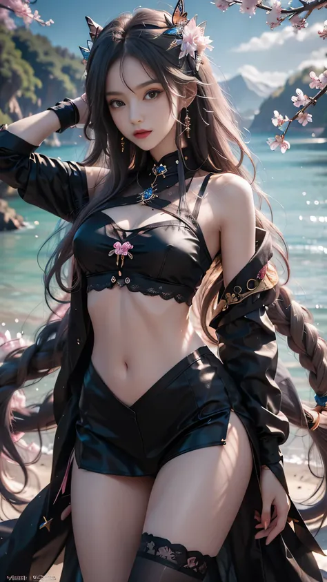 8K, ultra hd, masterpiece, hd colors, 1 girl, perfect face, very long curly hair, detailed eyes, simple clothing, gradient black clothing, stocking, lace, sardine, bare waist, jwellery, waterside, Realistic scenery, epic scenery, sun rising, evening, cloud...