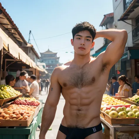 Fruit display In the background, market, market display In the background, vegetable display In the background, very hairy armpits, hairy pubic, hairy crotch, hairy body, In the charming picture there is a handsome Chinese 17 years old boy with his big bul...