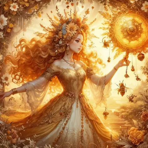 in the golden rays of the day the sun fairy dances her fiery charms and bells and bees and honey well treble out across the seas, much jewelry, topiary, filigree, beautiful silken dress, lacey accessories, time, full beautiful hair, beautiful eyes, swirlin...