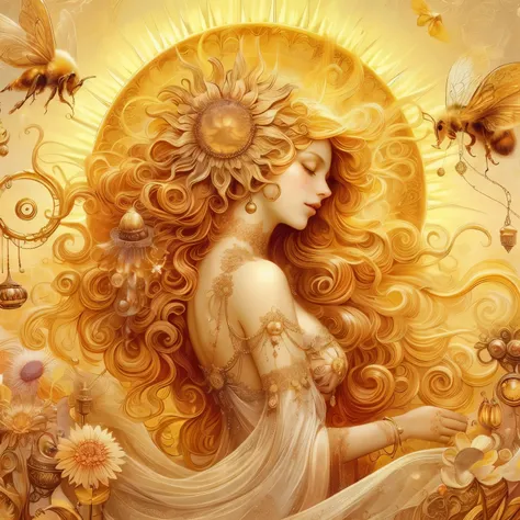 in the golden rays of the day the sun fairy dances her fiery charms and bells and bees and honey well treble out across the seas, much jewelry, topiary, filigree, beautiful silken dress, lacey accessories, time, full beautiful hair, beautiful eyes, swirlin...