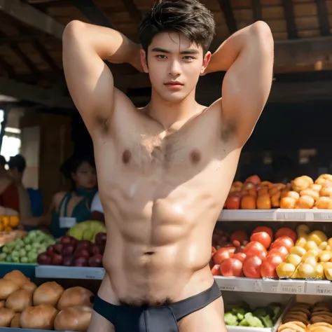 Fruit display In the background, market, market display In the background, vegetable display In the background, very hairy armpits, hairy pubic, hairy crotch, hairy body, In the charming picture there is a handsome Chinese 17 years old boy with his big bul...